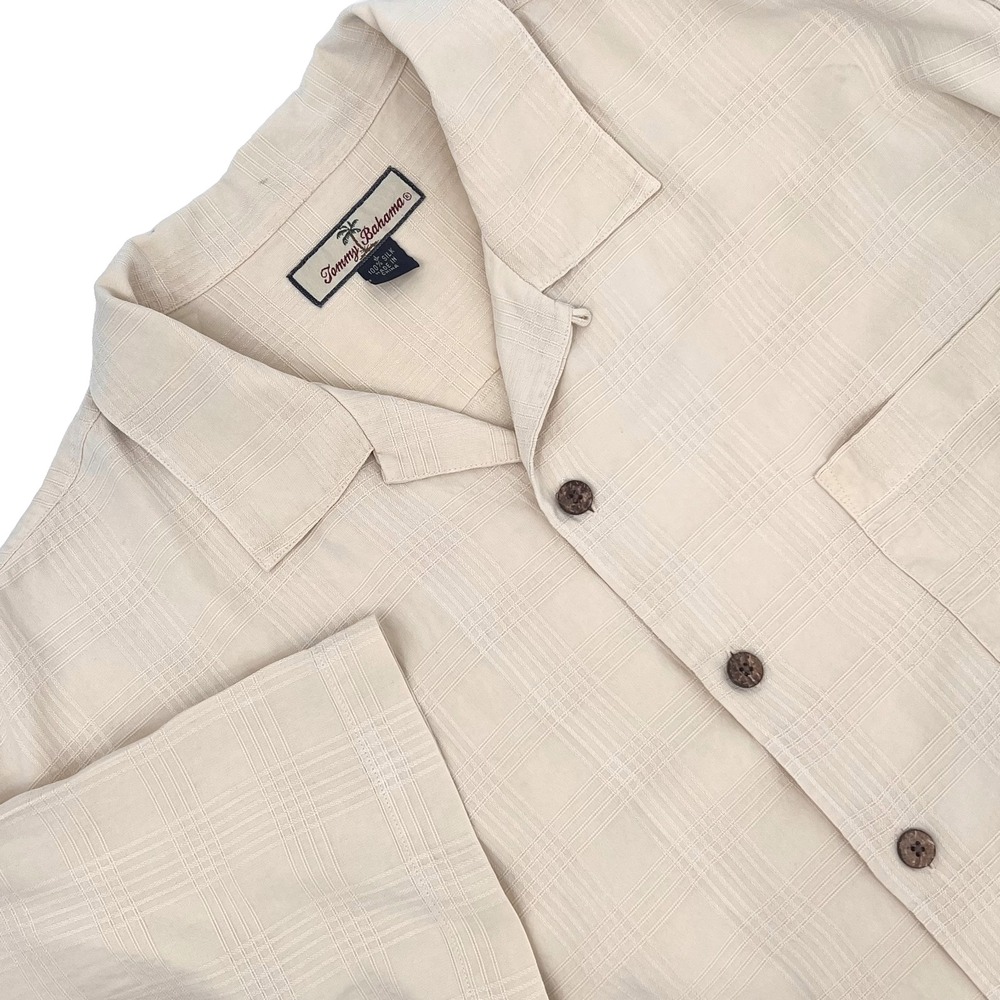 TOMMY BAHAMA Men's Size L Pale Yellow Textured 100% Silk Short-Sleeve Camp Shirt